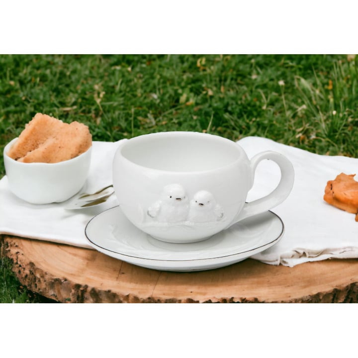 Ceramic White Birds Cup and Saucer Set 4 1/8 Inch Image 2