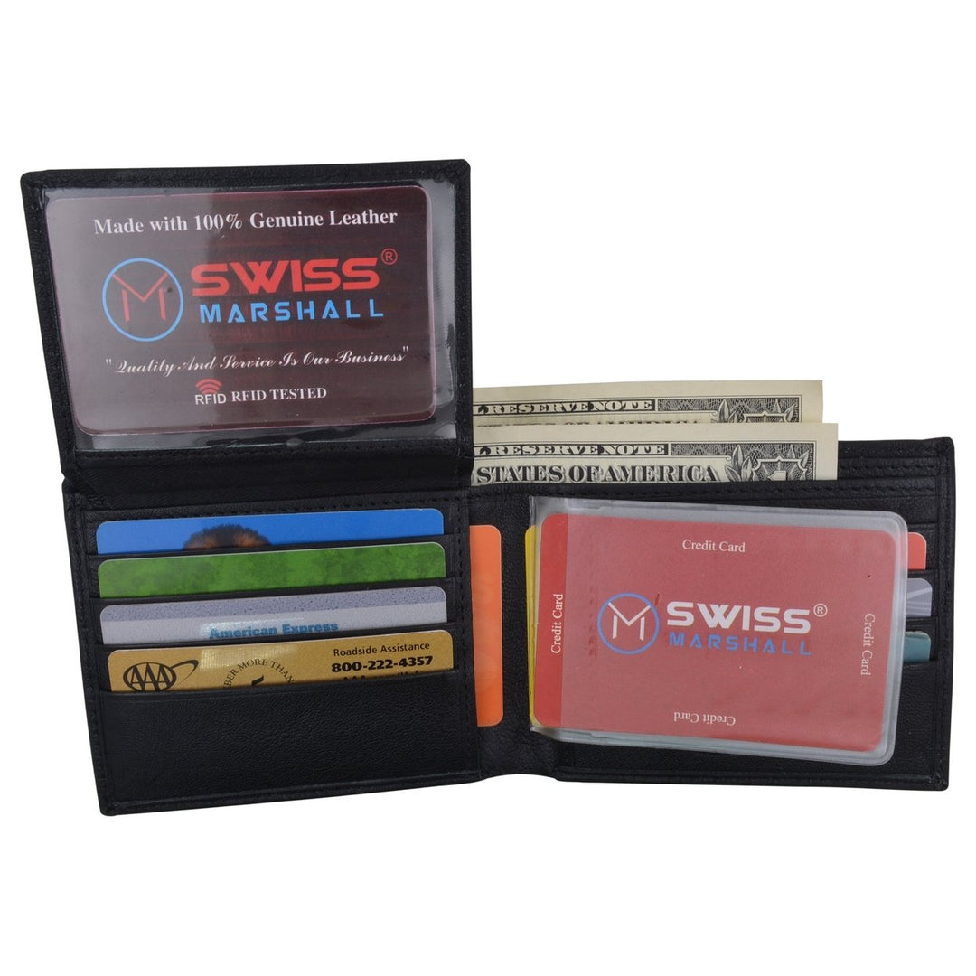 Swiss Marshall Mens Genuine Leather Passcase Bifold Wallet RFID Safe 2 ID Windows Image 8