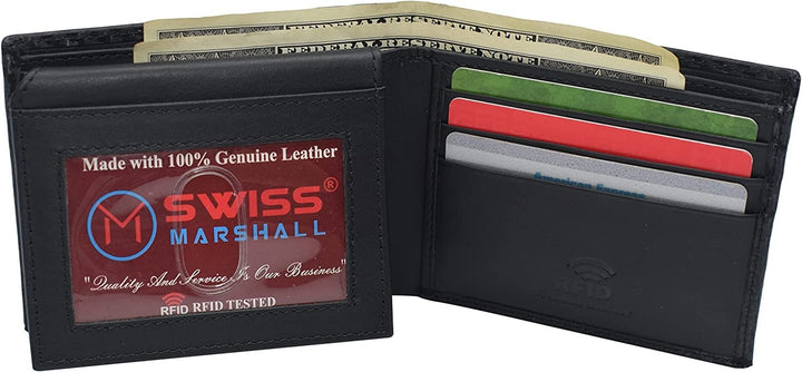 Swiss Marshall RFID Blocking Mens Carbon Fiber Leather Slim Bifold Wallets Image 4