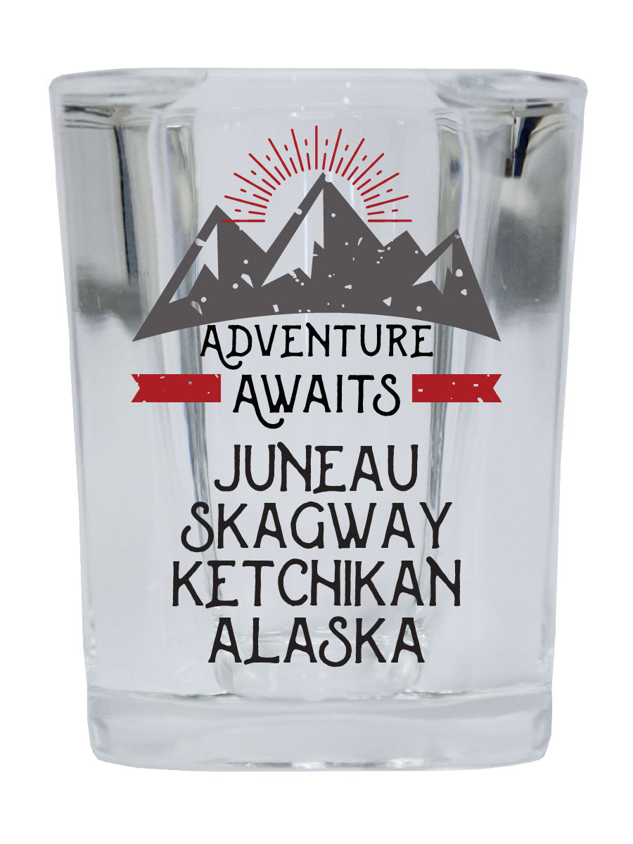 Juneau Skagway Ketchikan Alaska Souvenir 2 Ounce Square Base Liquor Shot Glass Adventure Awaits Design Image 1