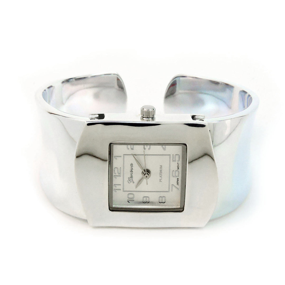 Silver Square Face Shiny Bangle Cuff Watch Image 3