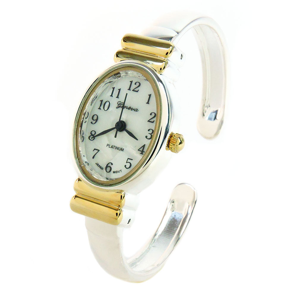 2Tone Small Size Oval Face Metal Band Womens Bangle Cuff Watch Image 4