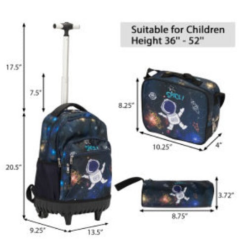 20-Inch 3PCS Kids Rolling Luggage Set Trolley Backpack with Lunch Bag and Pencil Case for kids Image 11