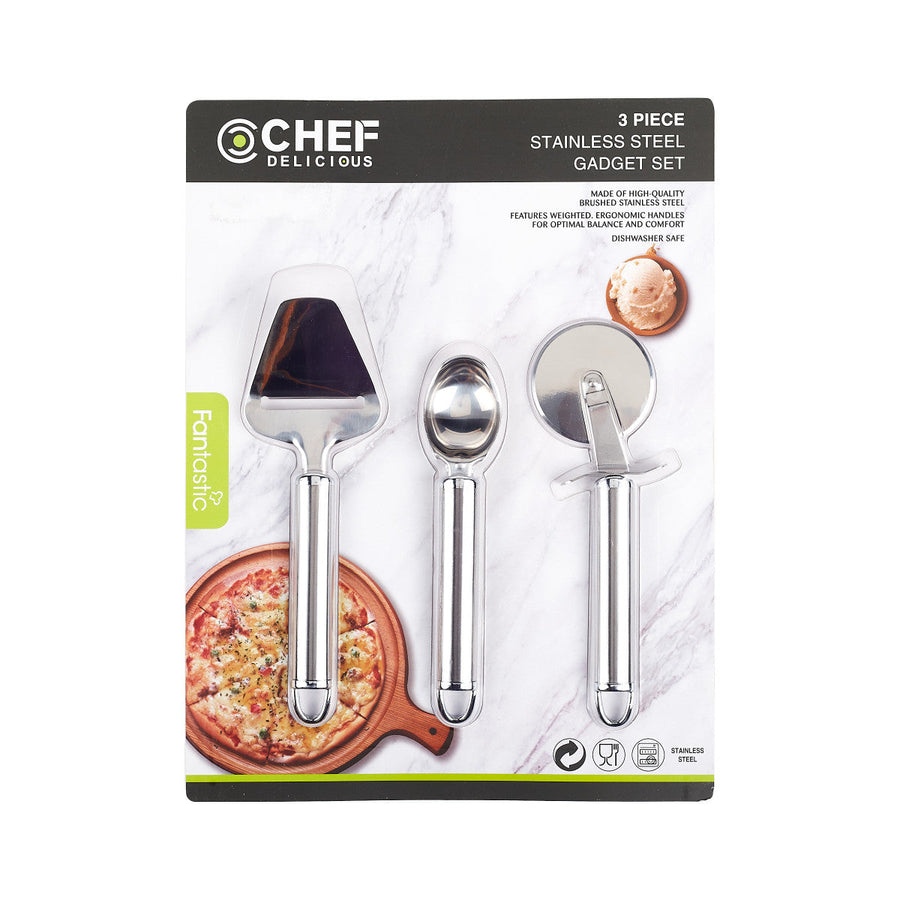 Chef Delicious 3-Piece Kitchen Tool Set - Cheese Slicer - Pizza Cutter - Ice Cream Scooper Image 1