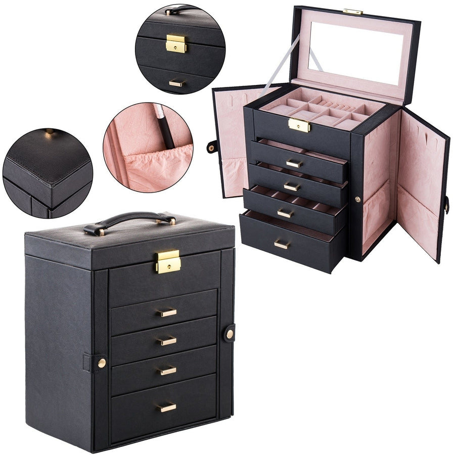 Synthetic Leather Huge Jewelry Box Mirrored Watch Organizer Necklace Earring Storage Lockable Gift Case Black Image 1