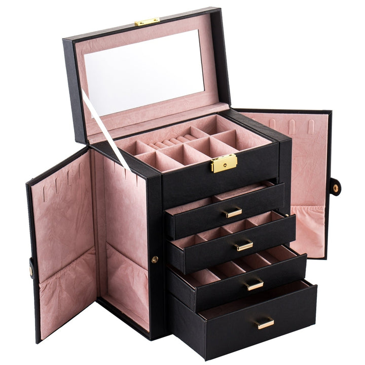 Synthetic Leather Huge Jewelry Box Mirrored Watch Organizer Necklace Earring Storage Lockable Gift Case Black Image 3