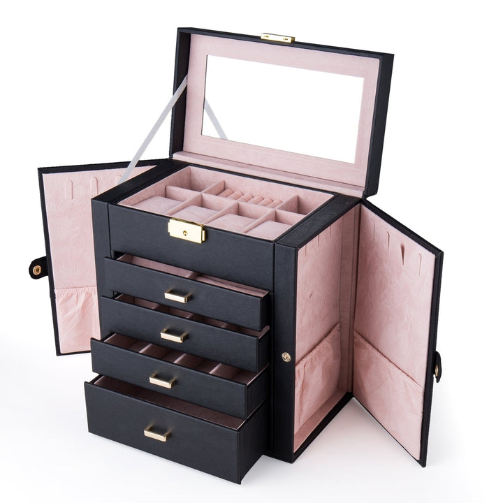 Synthetic Leather Huge Jewelry Box Mirrored Watch Organizer Necklace Earring Storage Lockable Gift Case Black Image 4