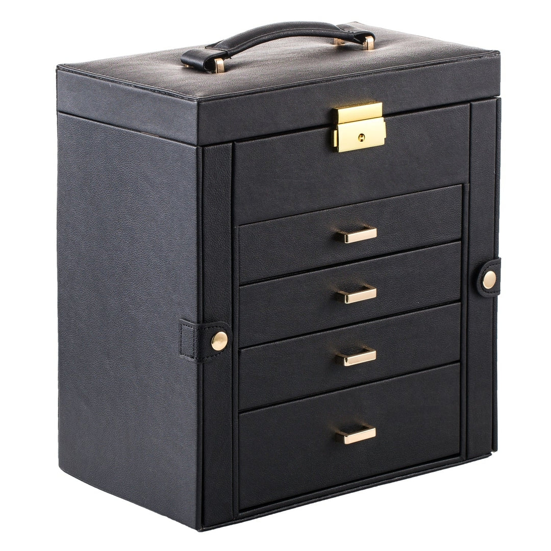 Synthetic Leather Huge Jewelry Box Mirrored Watch Organizer Necklace Earring Storage Lockable Gift Case Black Image 8