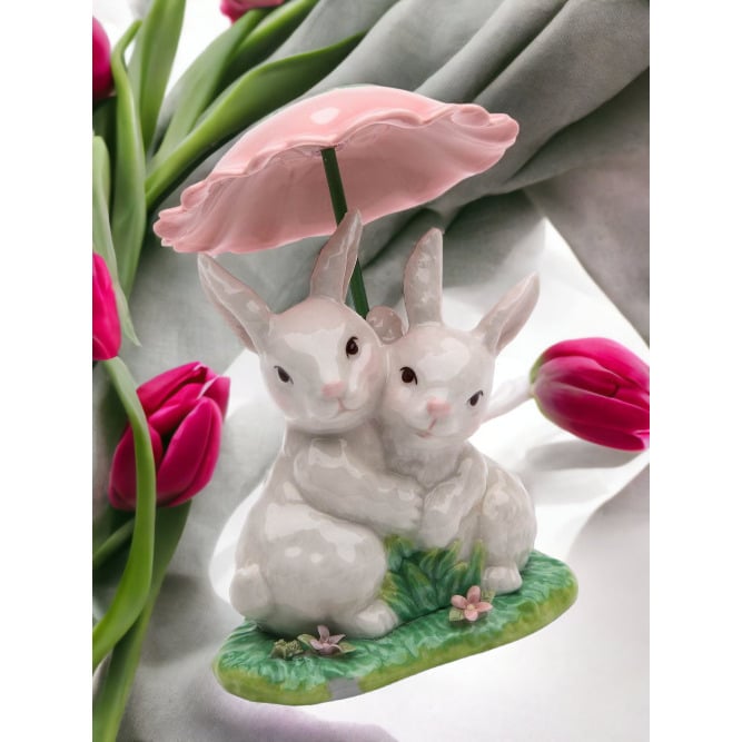 Ceramic Bunny Rabbits with Flower Umbrella 3.25in Image 2