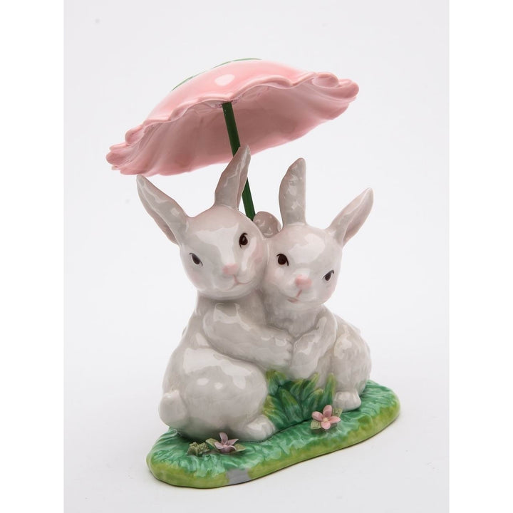 Ceramic Bunny Rabbits with Flower Umbrella 3.25in Image 3