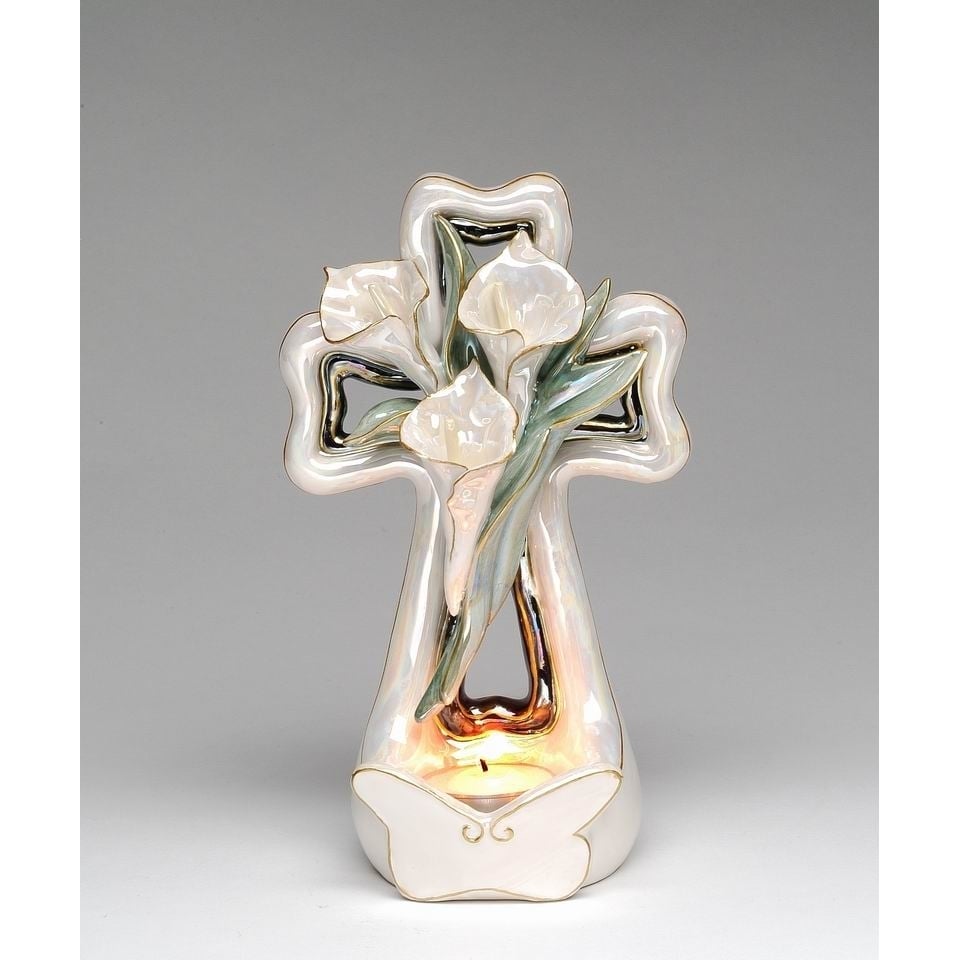 Ceramic Cala Lily Flower Cross Tealight Candle Holder 8in Gift Image 3