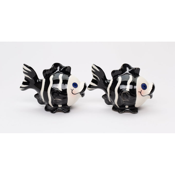 Ceramic Black White Fish Salt Pepper Shakers 4in Image 2