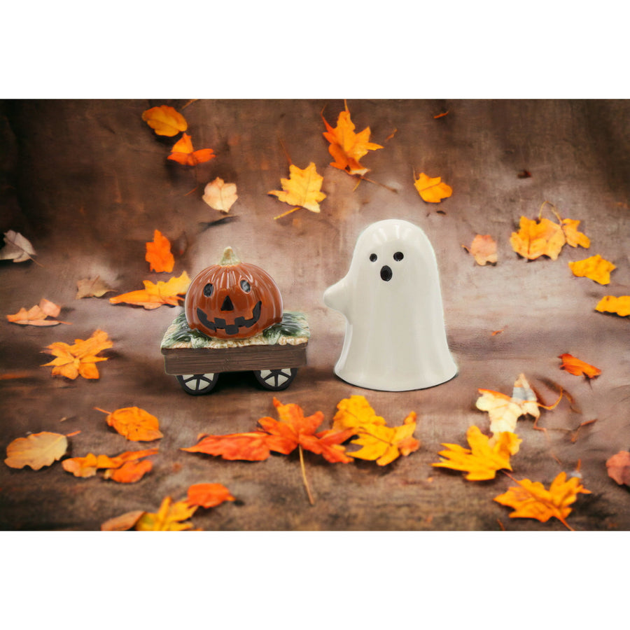 Ceramic Casper the Ghost And Pumpkin Wagon Halloween Salt And Pepper ShakersKitchen DcorFall Dcor Image 1