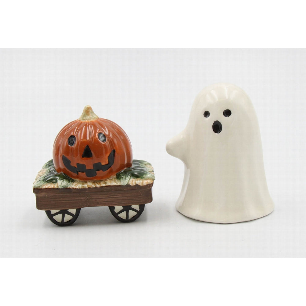 Ceramic Casper the Ghost And Pumpkin Wagon Halloween Salt And Pepper ShakersKitchen DcorFall Dcor Image 2