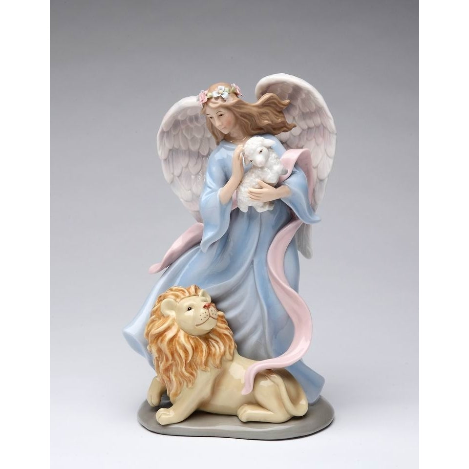 Ceramic Music Box Angel with Lion and Sheep 8.25in Religious Church Image 3