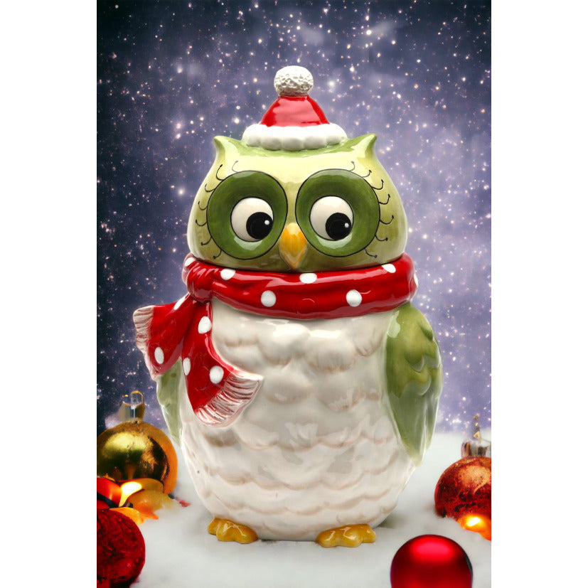 Ceramic Christmas Owl Cookie Jar Green 6.375" Holiday Image 1