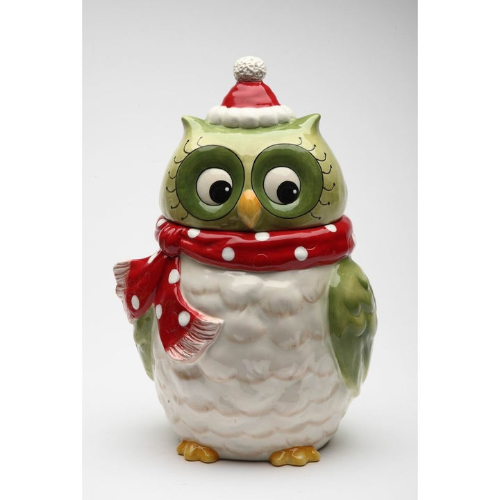 Ceramic Christmas Owl Cookie Jar Green 6.375" Holiday Image 2