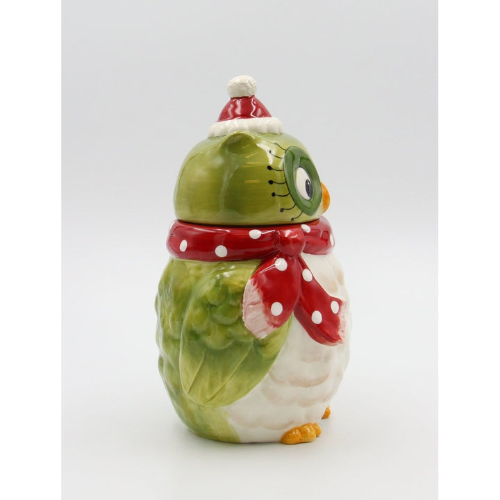 Ceramic Christmas Owl Cookie Jar Green 6.375" Holiday Image 3