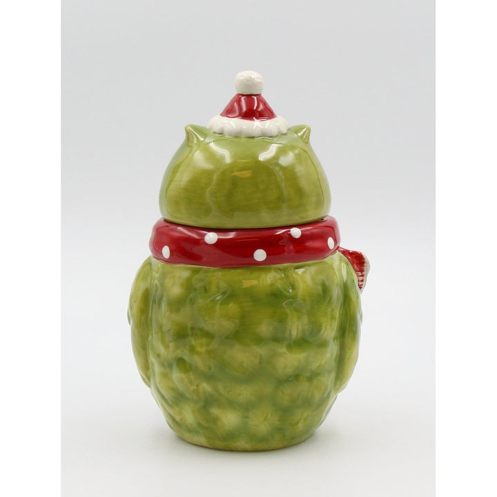 Ceramic Christmas Owl Cookie Jar Green 6.375" Holiday Image 4