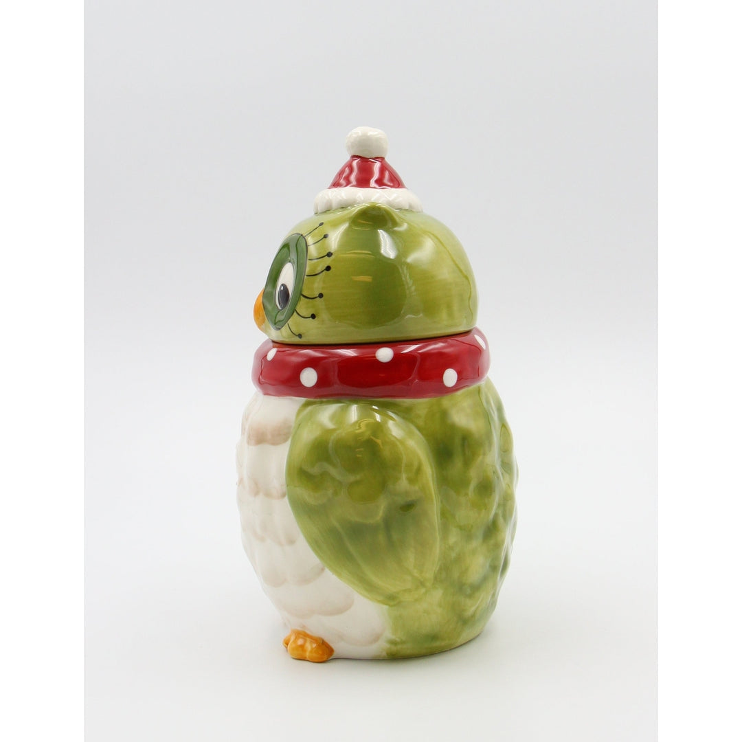 Ceramic Christmas Owl Cookie Jar Green 6.375" Holiday Image 4