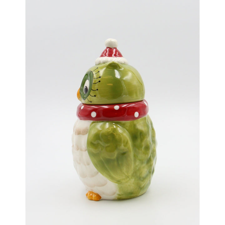 Ceramic Christmas Owl Cookie Jar Green 6.375" Holiday Image 4