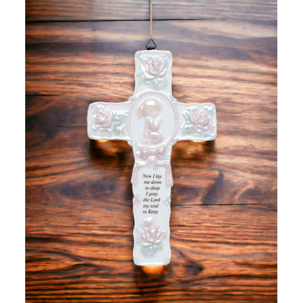 Ceramic Cross with Praying Girl 8.75x5.25 Religious Gift Baptism Image 1