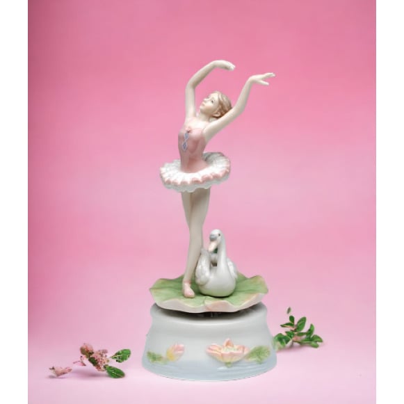 Ceramic Dancing Ballerina Music Box with Swan 3 7/8D x 7 3/8H Image 2