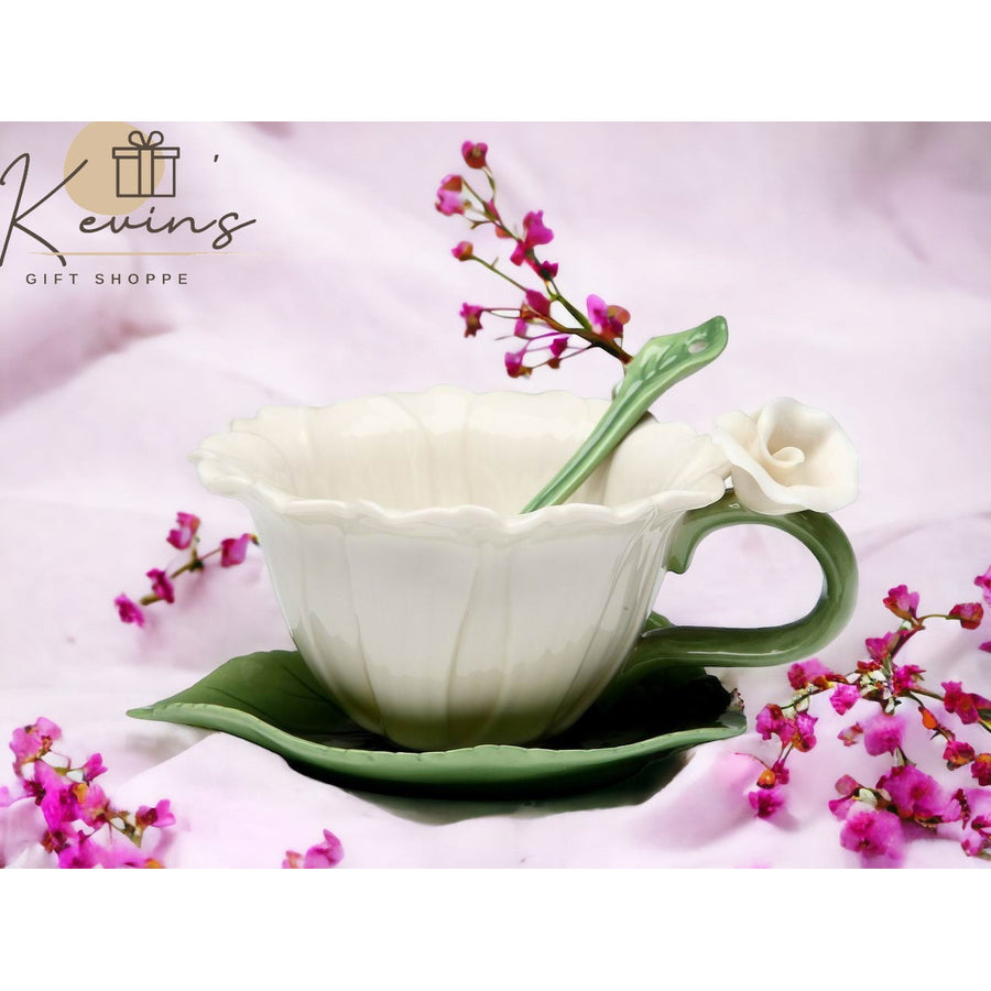 Ceramic White Daisy Flower Cup and Saucer and Spoon-1 SetMomTea Party DcorCaf Decor Image 1