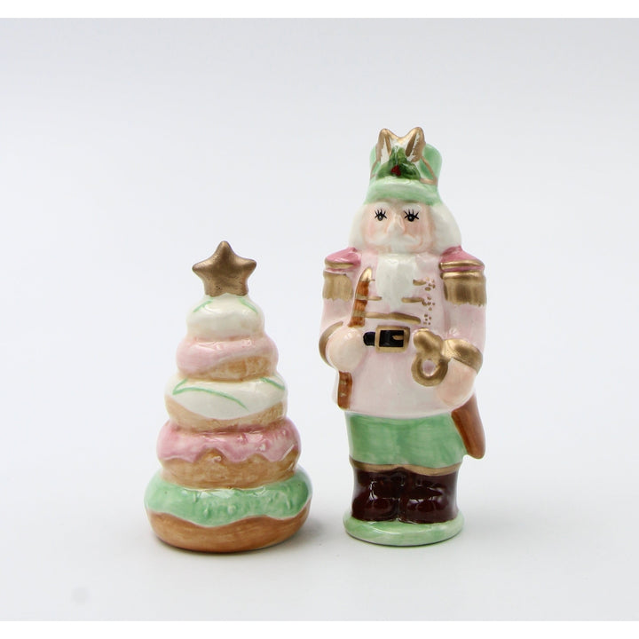 Ceramic Pastel Color Nutcracker Donut Tree Salt and Pepper Set Image 2