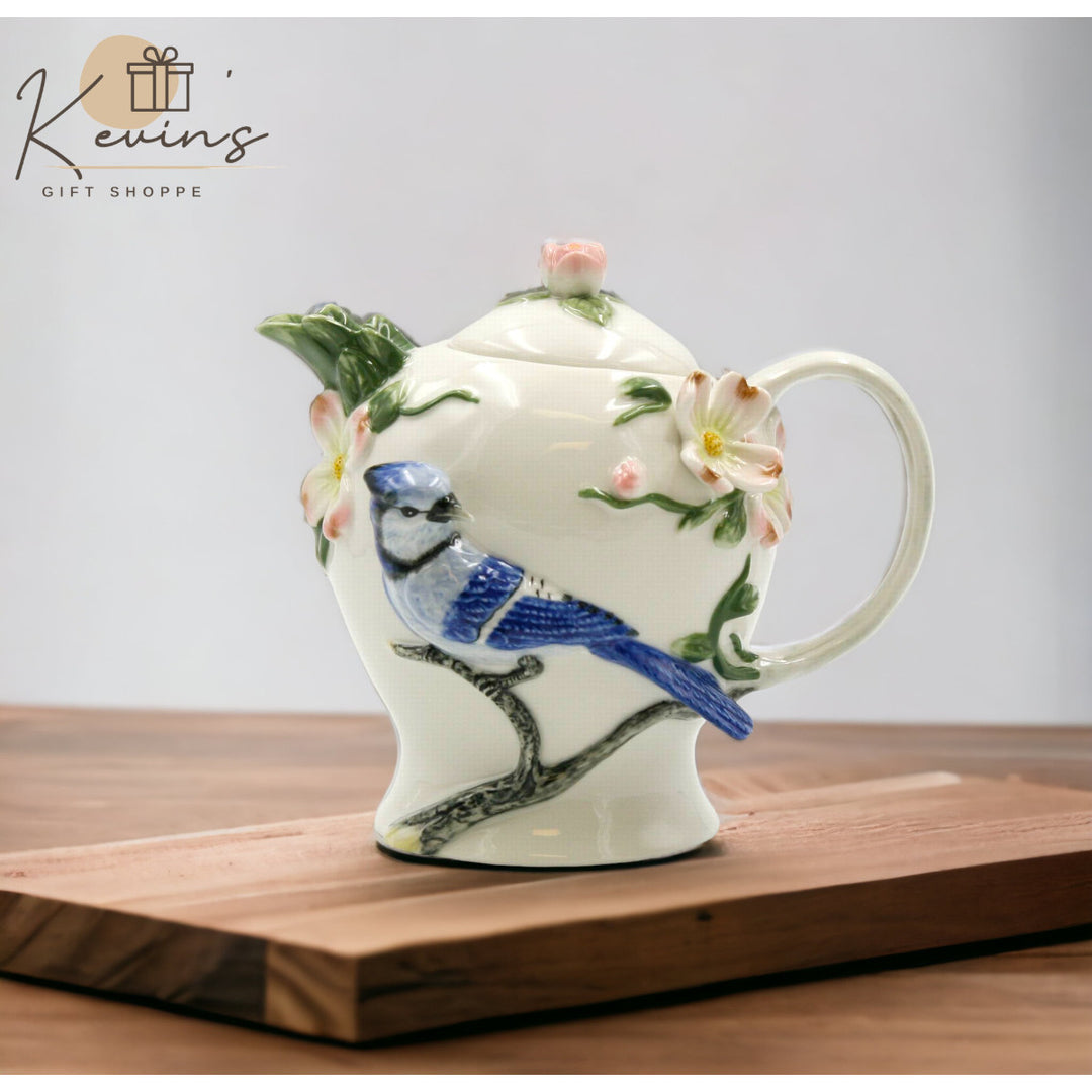 Hand Painted Ceramic Blue Jay Bird Teapot  Tea Party D cor Caf D cor Farmhouse D cor, Image 1