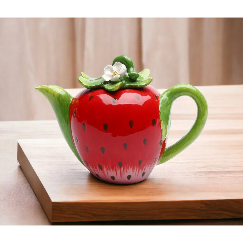 Hand Painted Ceramic Strawberry Teapot 7.125in Holds 12oz Mom Image 2