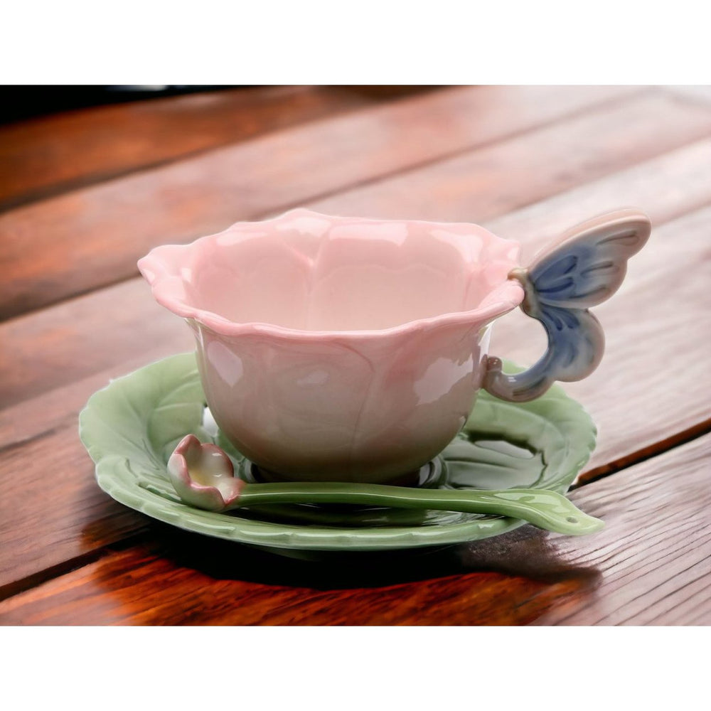 Ceramic Rose Cup Saucer Spoon Set 6 Pieces Gift for Tea Party Image 2