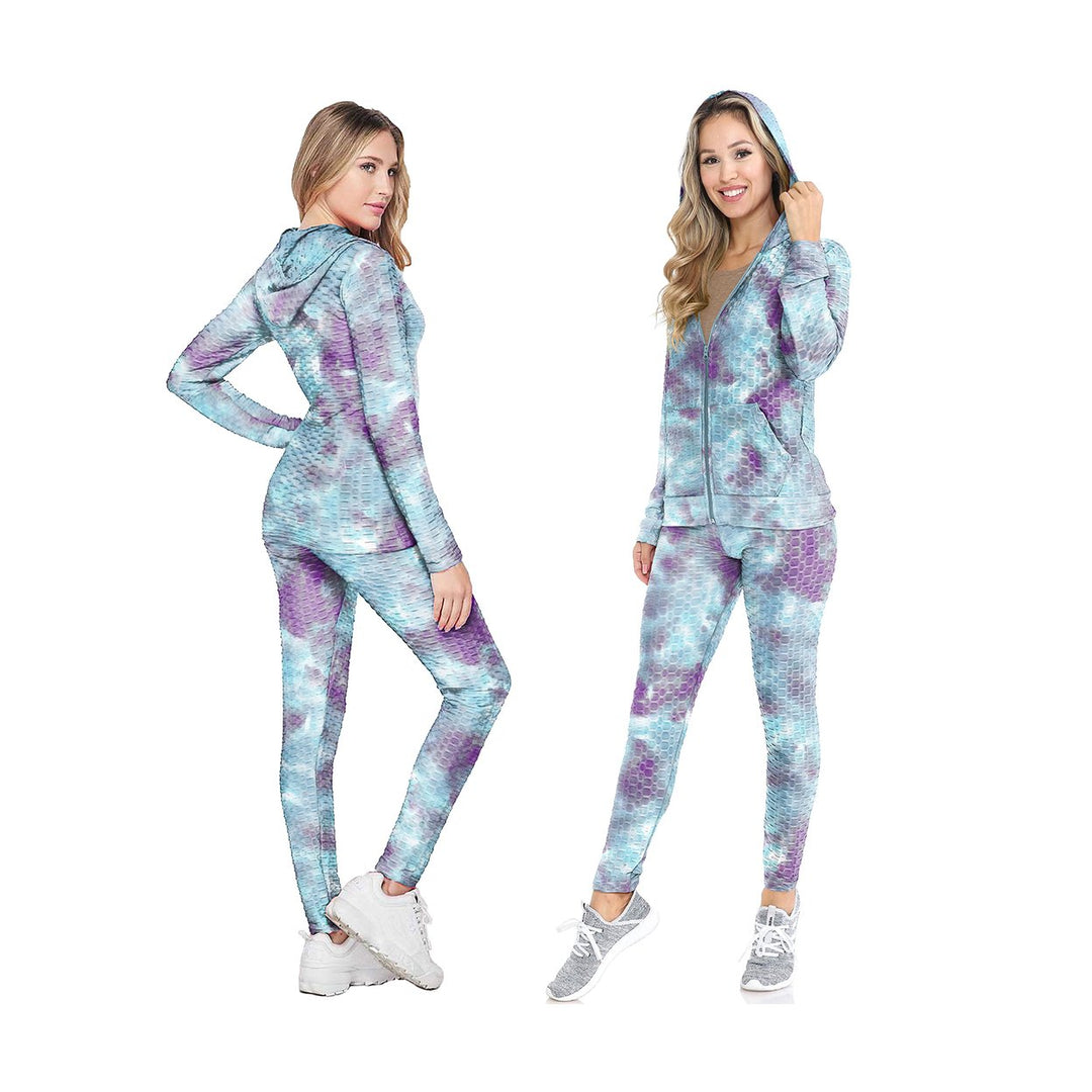 Womens Athletic Anti-Cellulite Tie Dye Yoga Tracksuit with Hoodie Size M Image 4