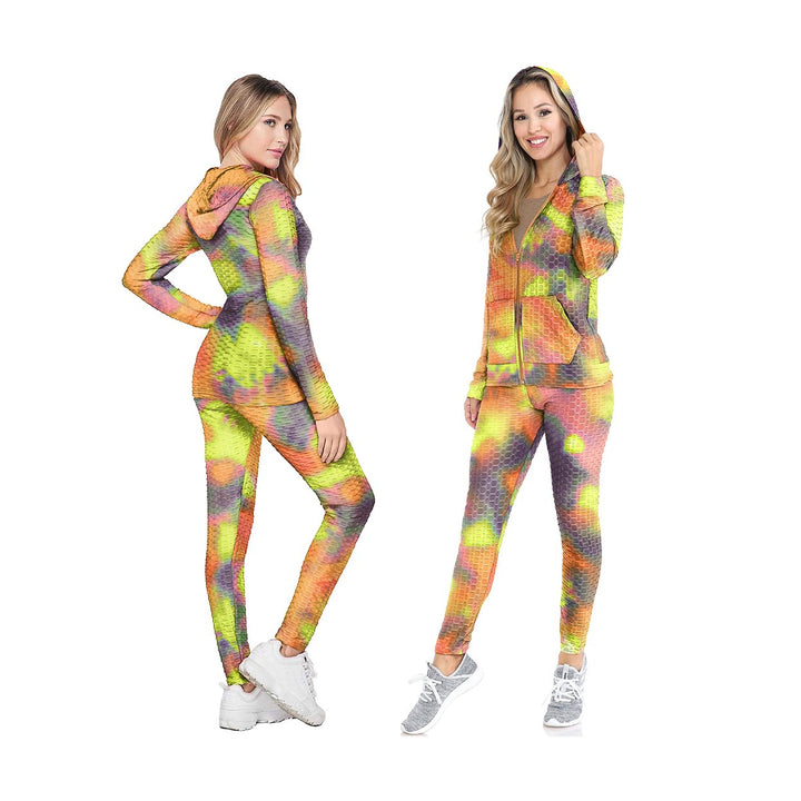 Womens Athletic Anti-Cellulite Tie Dye Yoga Tracksuit with Hoodie Size M Image 7