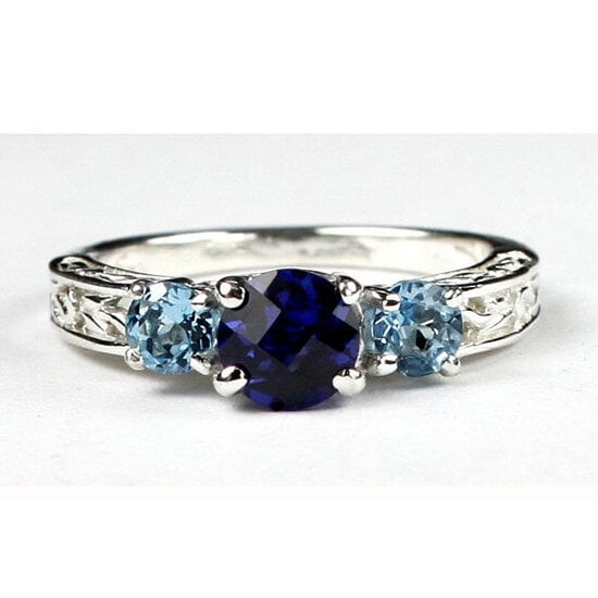 Sterling Silver Engagement Ring Created Blue Sapphire w/ Two 4mm Swiss Blue Topaz Accents SR254 Image 1