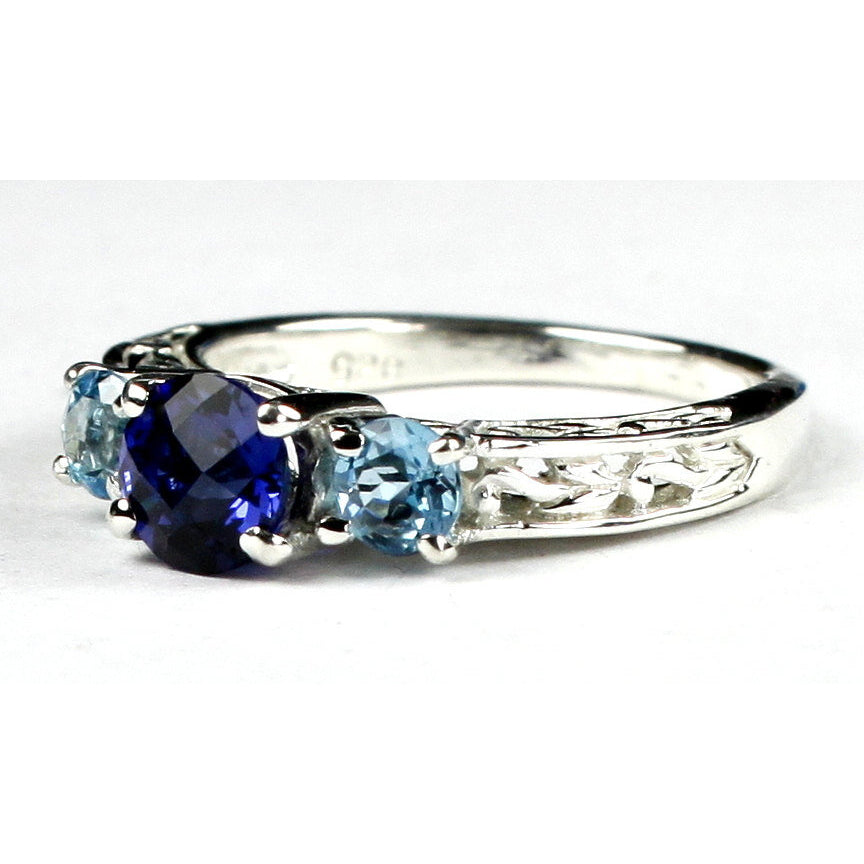 Sterling Silver Engagement Ring Created Blue Sapphire w/ Two 4mm Swiss Blue Topaz Accents SR254 Image 2