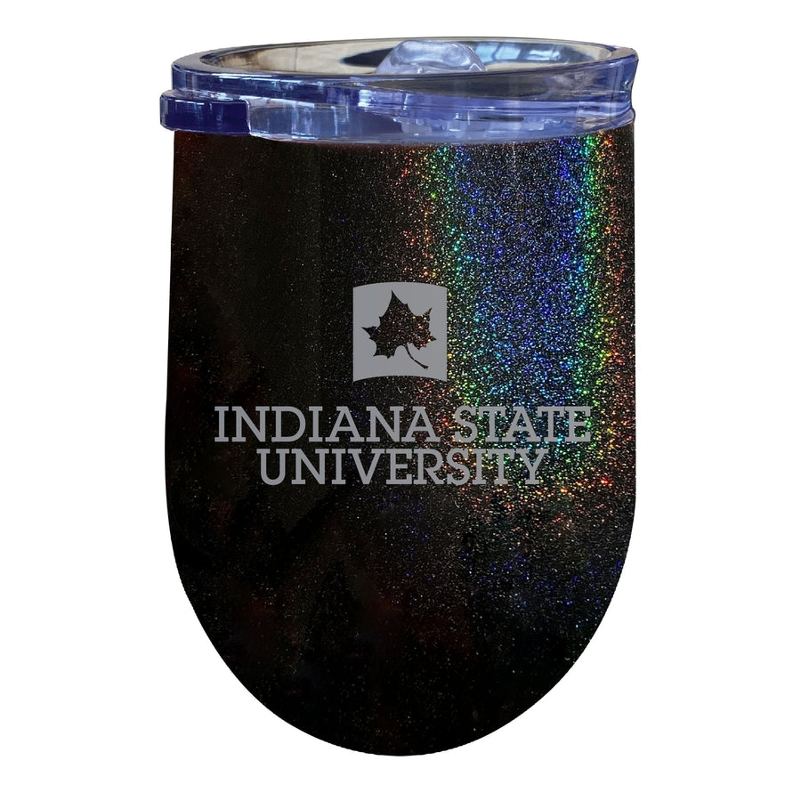 Indiana State University NCAA Laser-Etched Wine Tumbler - 12oz Rainbow Glitter Black Stainless Steel Insulated Cup Image 1