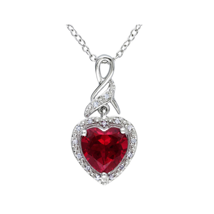 2.80 Carat (ctw) Lab-Created Ruby Heart Pendant Necklace with Diamonds in Sterling Silver with chain Image 1