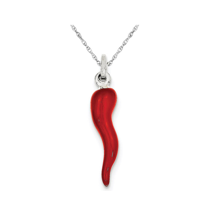 Red Enamel Italian Horn Pendant Necklace in Sterling Silver Image 1