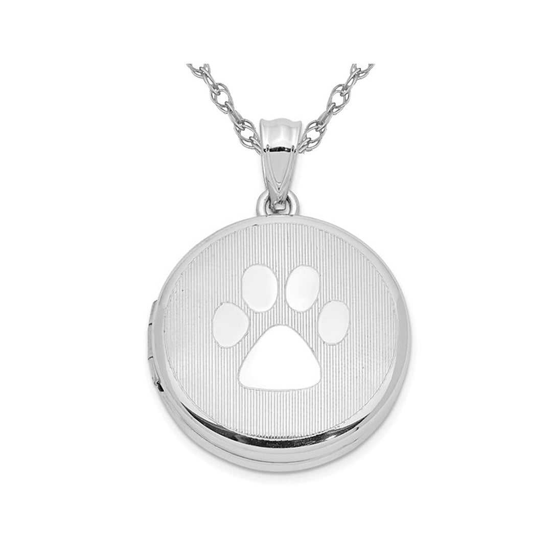 Sterling Silver Grooved Pawprint Round Locket Pendant Necklace with Chain Image 1