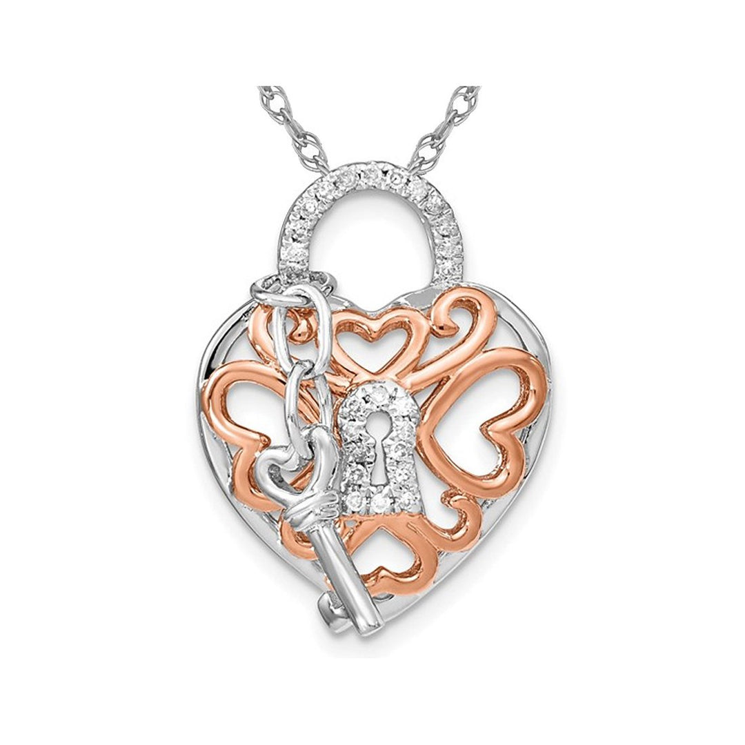 Sterling Silver Key and Heart Lock Pendant Necklace with Chain and Diamonds Image 1