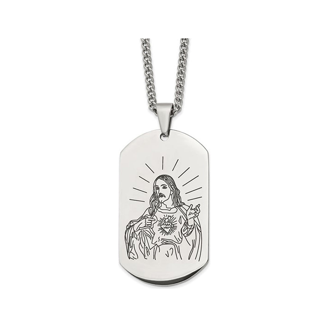 Mens Dog Tag Jesus Pendant Necklace in Stainless Steel with Chain Image 1