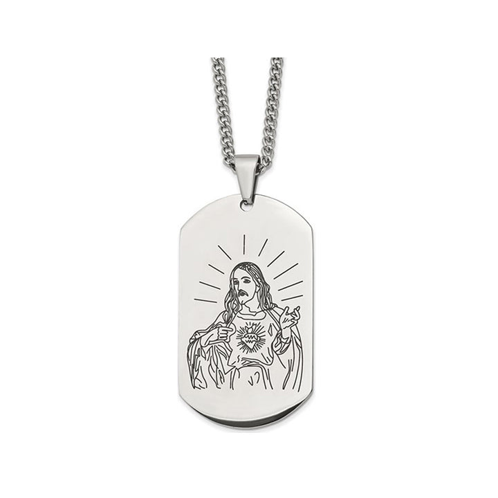 Mens Dog Tag Jesus Pendant Necklace in Stainless Steel with Chain Image 1