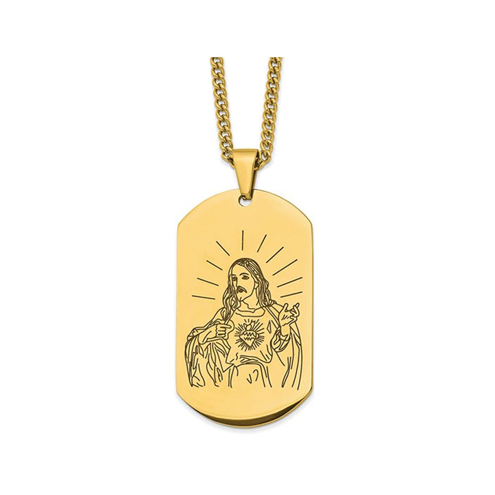 Mens Dog Tag Jesus Pendant Necklace in Yellow Plated Stainless Steel with Chain Image 1