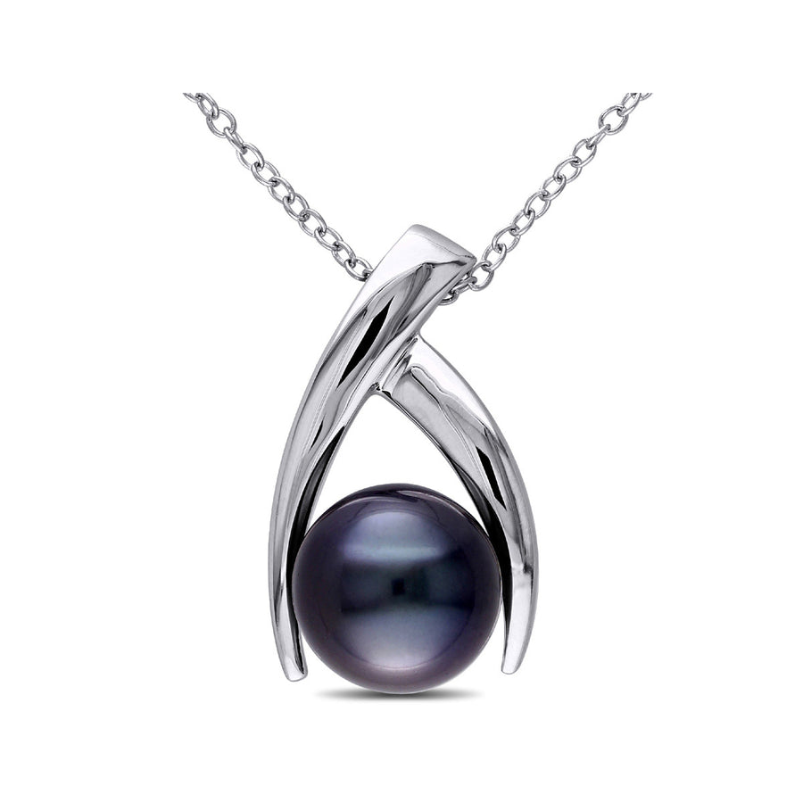 9-10mm Black Tahitian Cultured Pearl Pendant Necklace with Sterling Silver ChainSilver Image 1
