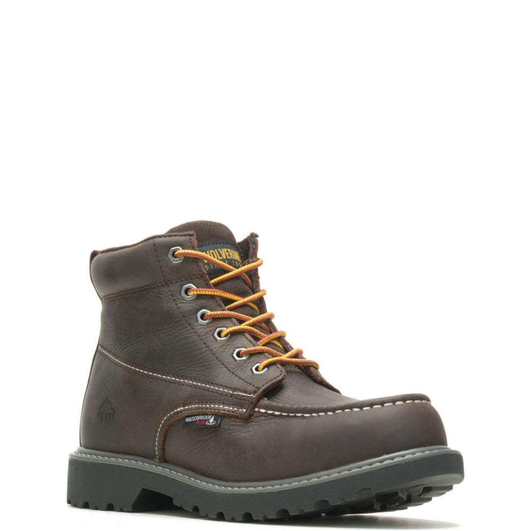 WOLVERINE Mens 6" Floorhand Moc-Toe Waterproof Steel Toe Work Boot Dark Brown - W221048 Image 2