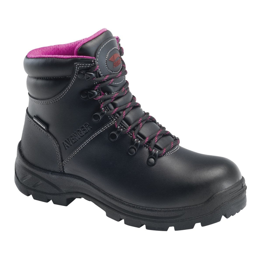 Avenger Womens Builder Mid Soft Toe Waterproof Work Boots Black/Pink - A8674 Image 1