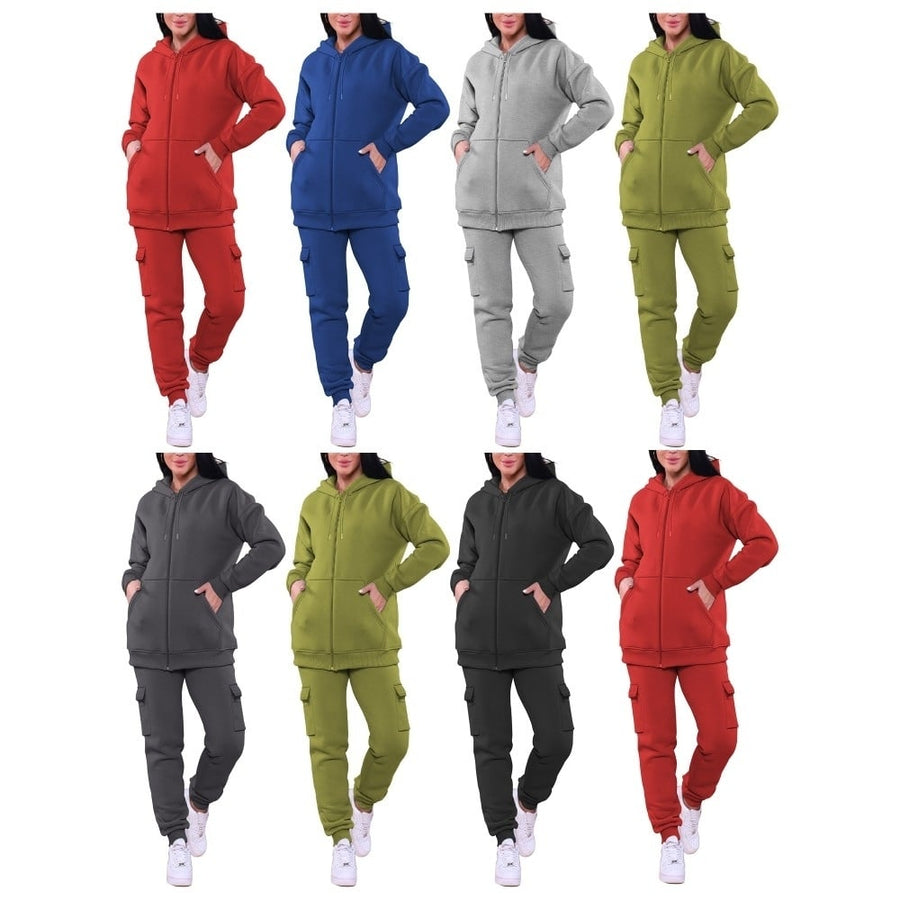 Womens Cozy Fleece Lined Full Zip Cargo Sweatsuit 2-Pack Plus Size Available Image 1