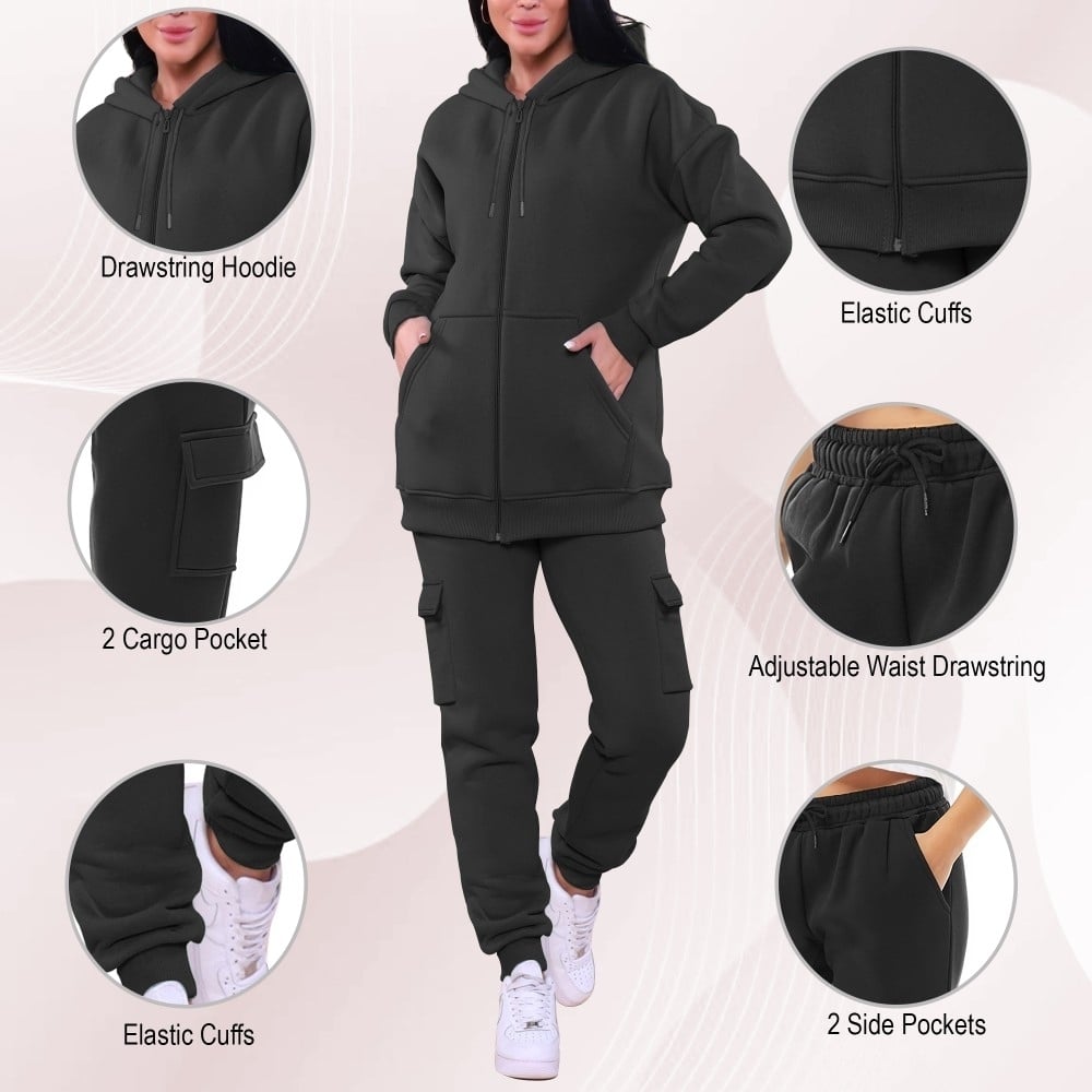 Womens Cozy Fleece Lined Full Zip Cargo Sweatsuit 2-Pack Plus Size Available Image 4