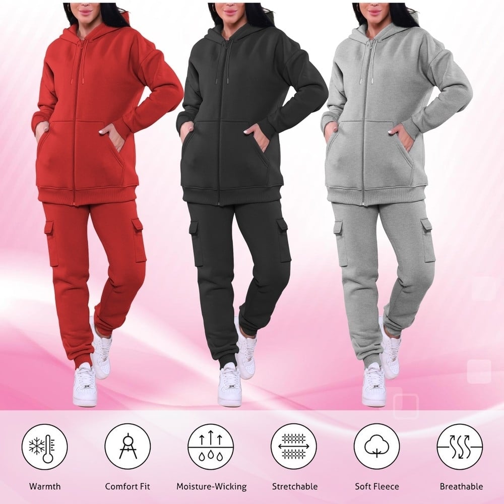 Womens Cozy Fleece Lined Full Zip Cargo Sweatsuit 2-Pack Plus Size Available Image 7